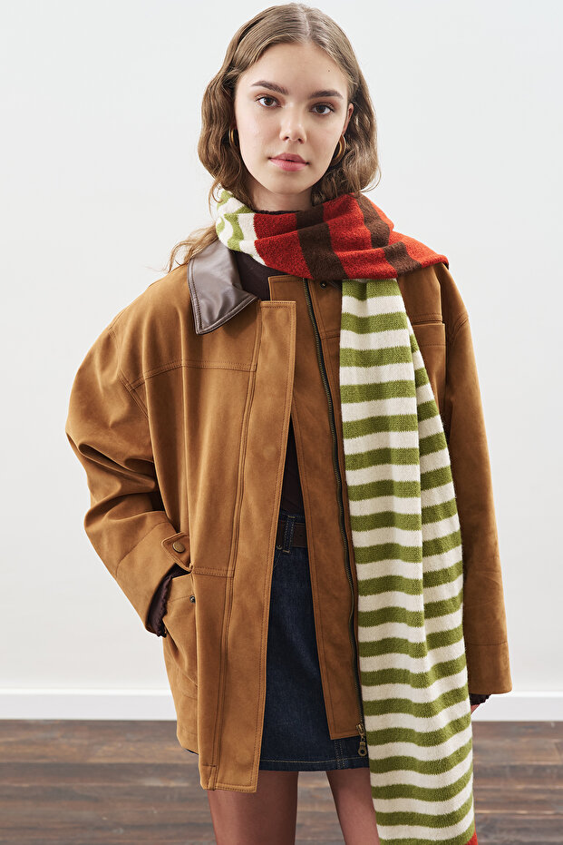 Eșarfă lungă cu dungi VERDE - 2