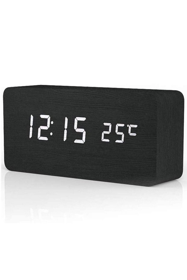 Wooden Digital Alarm Clock, Wood LED Adjustable Brightness Voice Control Desk Wooden Alarm Clock wi