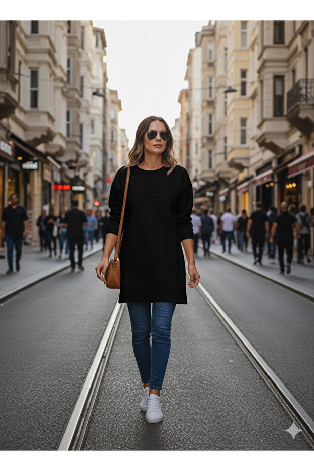 سترة نسائية سوداء منقوشة مطبوع بأكمام طويلة وياقة دائرية 716