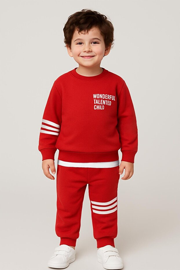 Paneled Striped Detail Tile Color Boys' Tracksuit Set