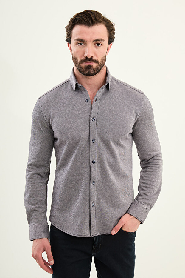 Striped Slim Fit Wool Long Sleeve Men's Shirt Navy Blue - 27113.25K