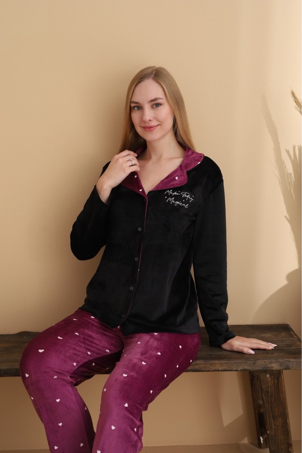 Velvet Magical Notes Buttoned Women's Pajama Set