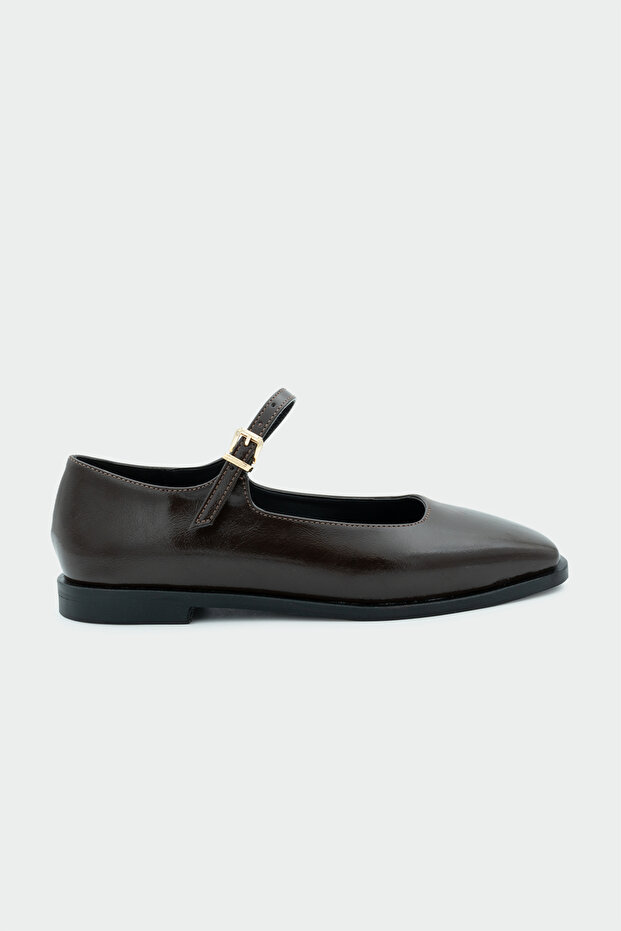 Flue Black Leather Women's Buckle Flat Ballet Flats