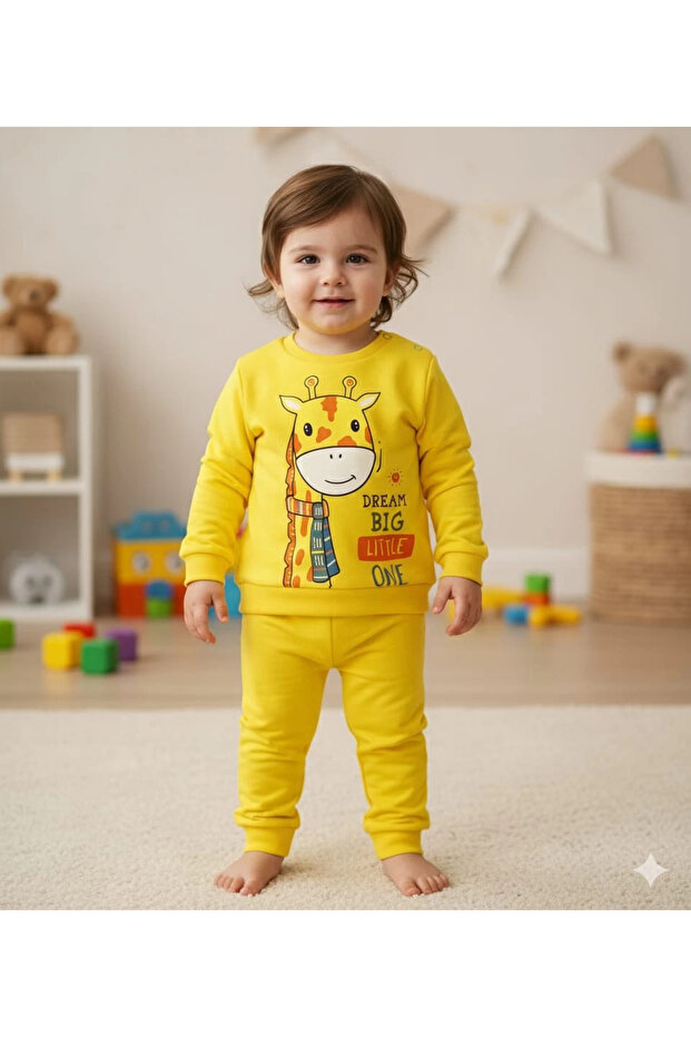 Baby Giraffe Printed Snap Fastener Top and Bottom Two-Piece Casual Set 6-18 Months