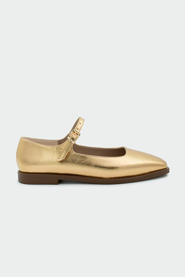 Flue Gold Leather Women's Buckle Flat Ballerinas
