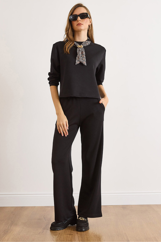 Women's Black Modal Buttoned Trendy Bottom Draped Suit Tkm-19000462