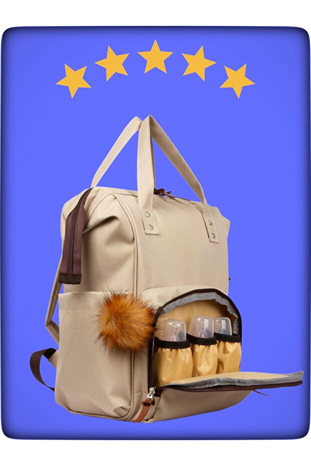 Luxury Mother Baby Bag with Pompom Keychain, Leather Detail, Thermal Compartment and Hanging Bracket