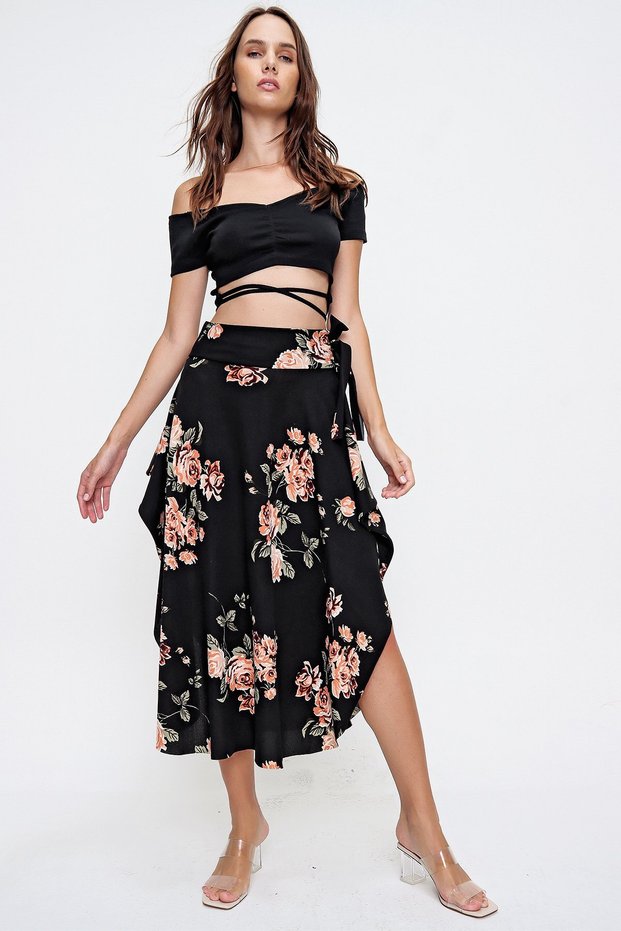 Black Floral Asymmetrical Cut Waist Tie Skirt Alc-X6439
