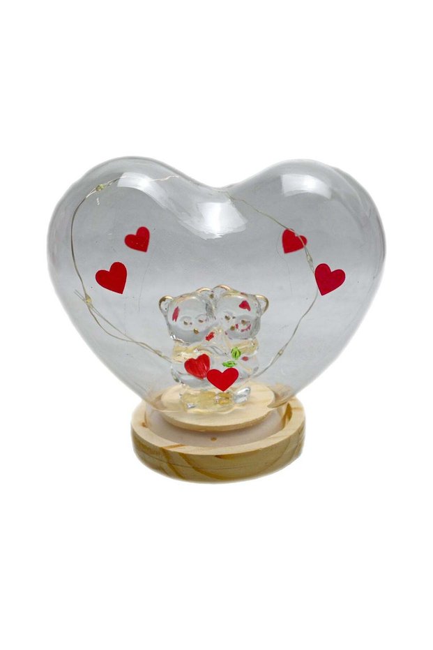 Glowing Couple Bears Heart Dome, Wood Base with Led Light Heart Lamp Base Stand, Night Light for Le
