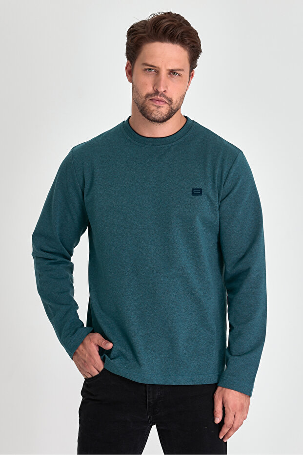 Men's Navy Blue Double Crew Neck Print Detailed Standard Relaxed Fit Sweatshirt