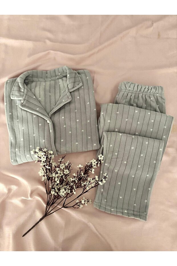 Gray Color Winter Thermal Fleece Fabric Pajama Set