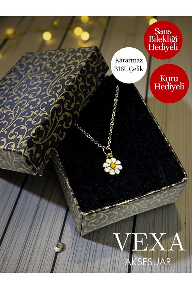 Non-Tarnish 316L Steel Daisy Necklace Minimal - Gift Boxed + Lucky Bracelet Gift