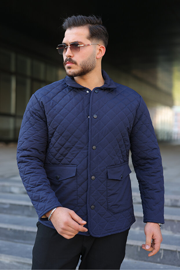 Erkek Çıtçıt Basic Kışlık Kürklü Lacivert Kapitone Mont - 3