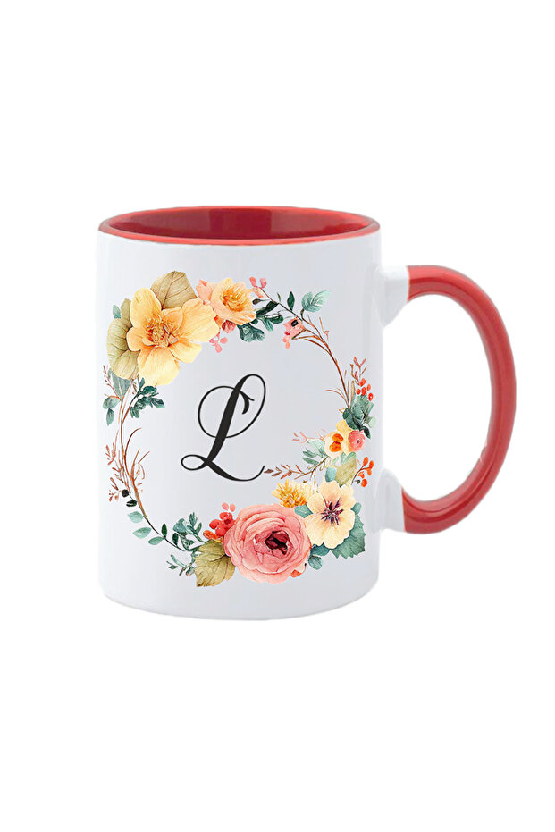 Personalized white mug with initial of name inside and red handle Flower-Alphabet Collection letter L - 1