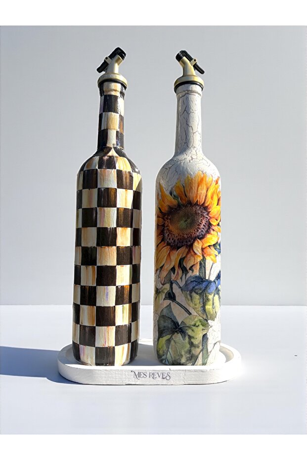 750 ml Handmade Double Decorative Glass Oil Dispenser Set with Sunflower and Checkerboard Pattern – with Serving Stand