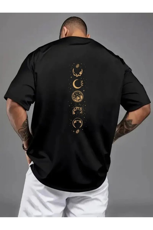 Zenrova Unisex Oversized Moon and Star Printed Cotton Crew Neck Short Sleeve BLACK T-Shirt