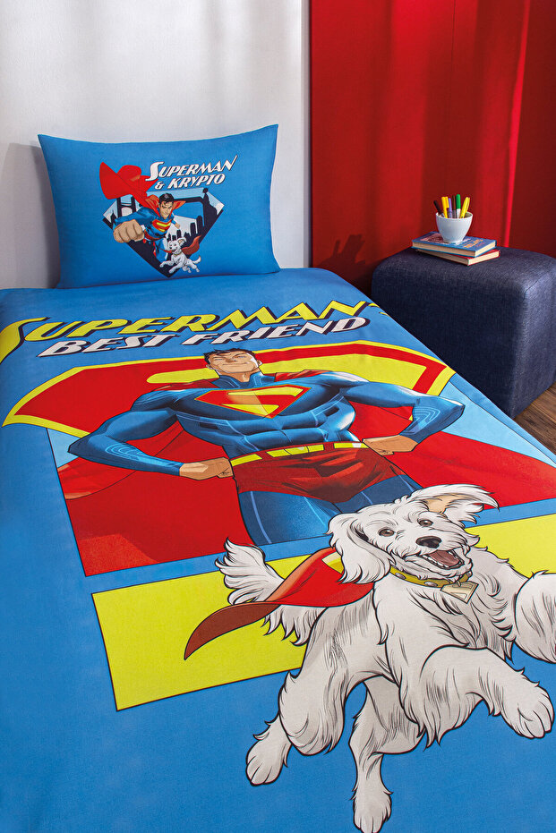 Özdilek Superman Best Friend Single Licensed Fitted Sheet Children's Duvet Cover Set