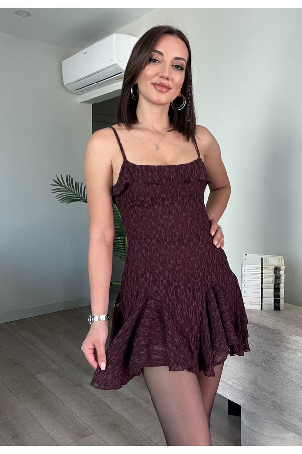 Askılı Pileli Dantel Mini Elbise - 2