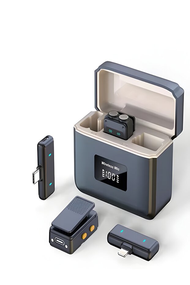 600mAh Kablosuz Çiftli Yaka Mikrofonu Type-C Lightning Uyumlu iPhone Android 25m Ses Mikrofonu - 1