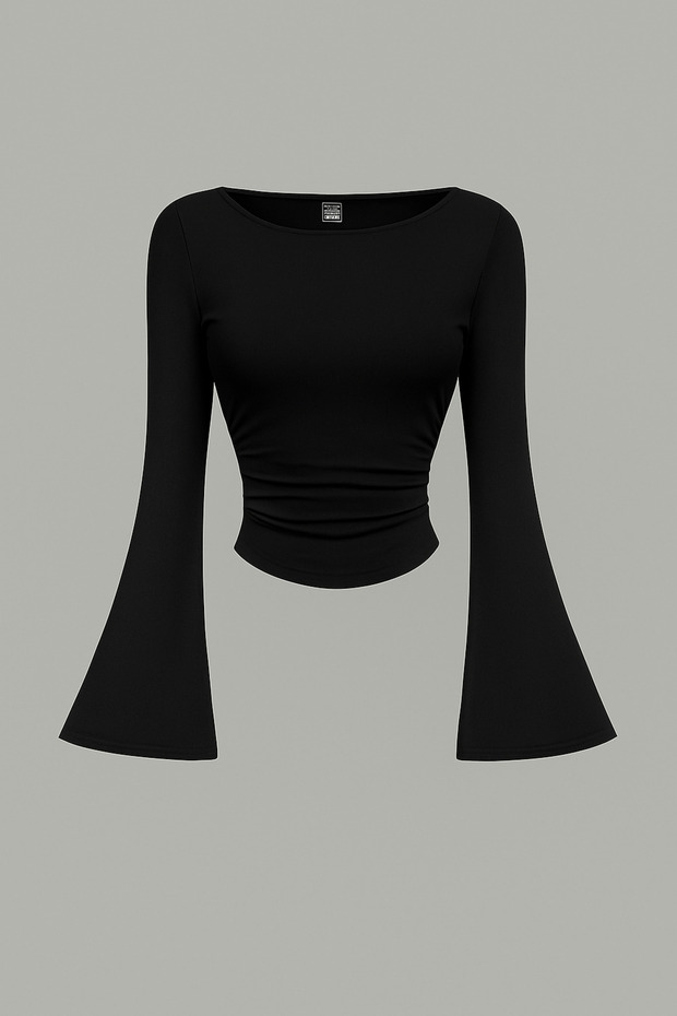 Black Boat Neck Long Sleeve Spanish Sleeve Blouse, Side Ruched Spanish Sleeve Black Crop Top