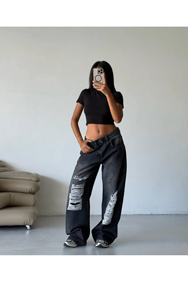 بنطلون جينز ريترو مقطوع بالليزر - 3