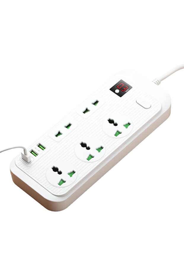 شريط طاقة متعدد الرؤوس عالمي مع سلك بطول 2 متر، شاشة رقمية، 3 منافذ USB (أبيض)