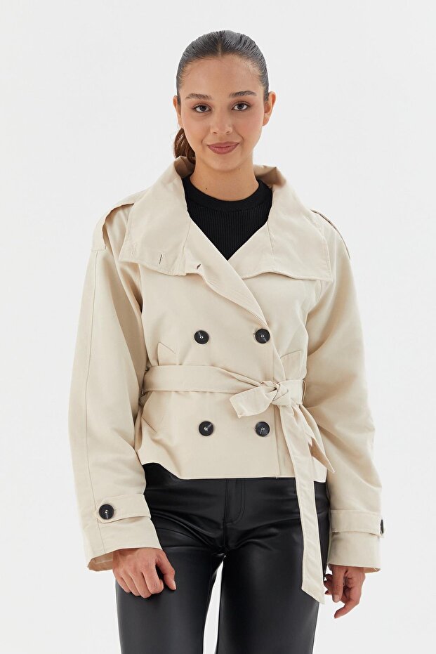 Beli Belted Crop Trench Coat Ecru