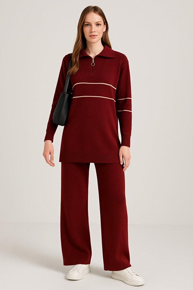Zipped Stand-Up Collar Knitwear Suit with Pants