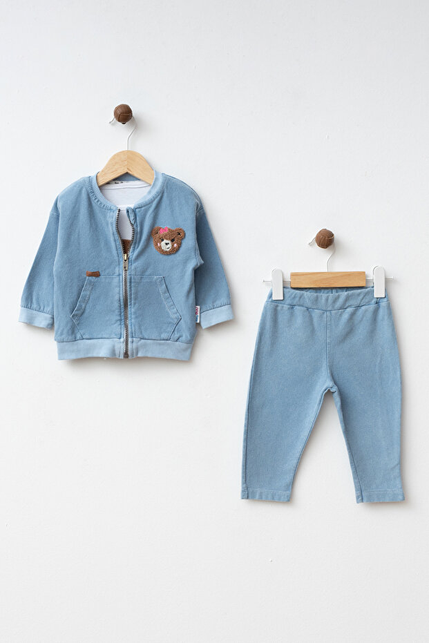 Baby Süzene Teddy Bear Jeans 3-Piece Bottom-Top-Jacket Daily Shoulder Snap Fastener Transitional Lux Set Set Yk0719