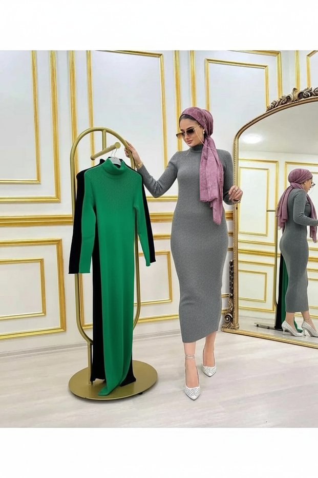 Women's Gray Color Mock Neck Ribbed Knit Fabric Long Sleeve Pencil Dress Suitable for Hijab Height Cm135 cm