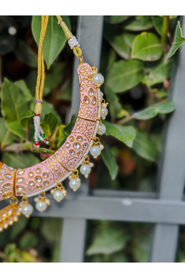 El Yapımı Hint İncili Mineli Kolye ve Küpe Seti | Etnik Takı Seti – - 2