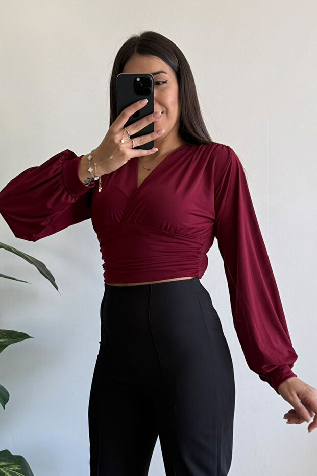 V Yaka Büzgülü Candy Bluz - 1