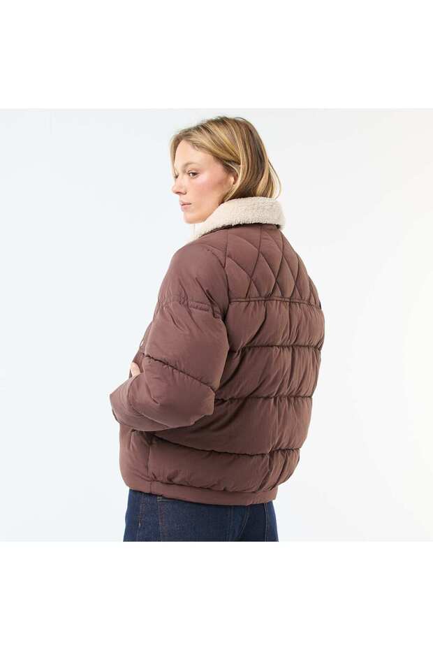 Padded Puffer Jacket with Shearling Effect Collar BROWN - 4