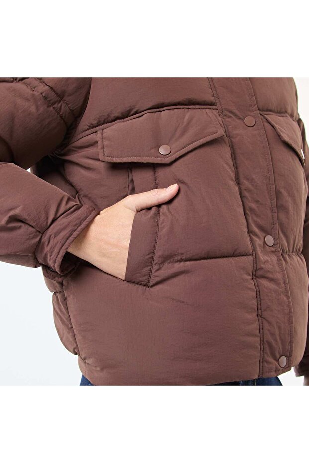 Padded Puffer Jacket with Shearling Effect Collar BROWN - 8