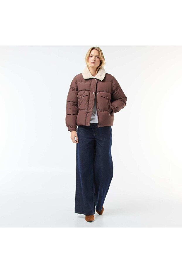 Padded Puffer Jacket with Shearling Effect Collar BROWN - 2