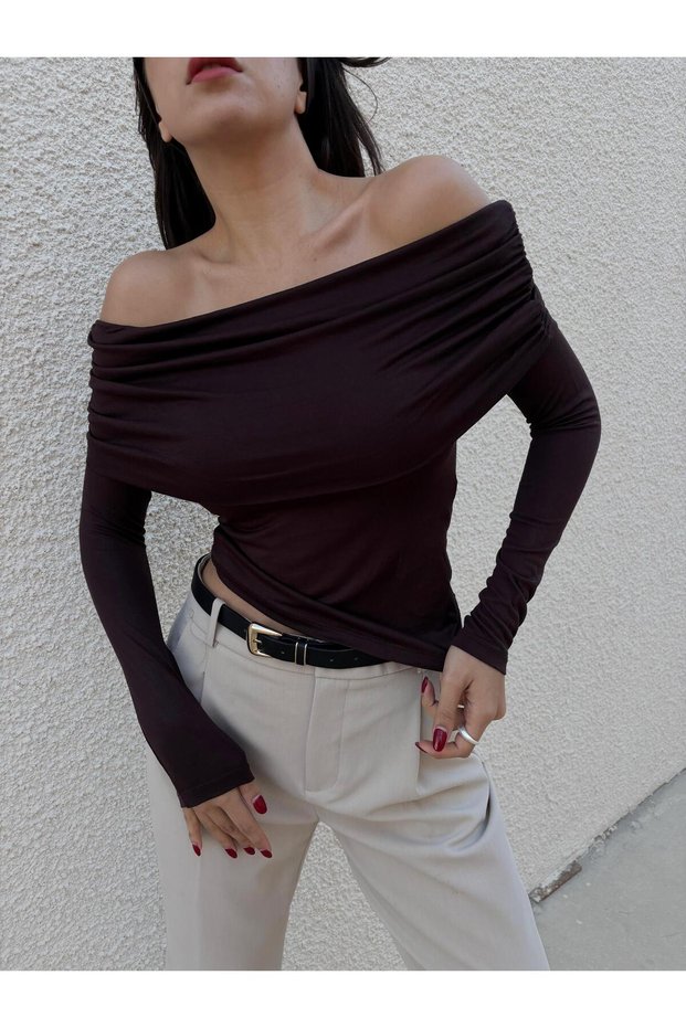 Women's Bitter Brown Madonna Collar Stretch Fabric Viscose Long Sleeve Blouse 28218