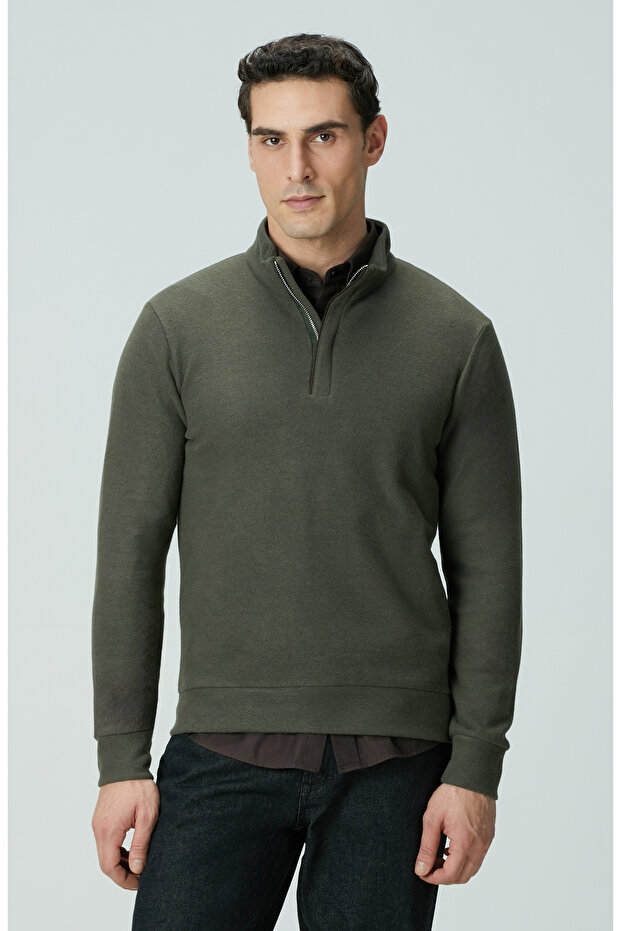 Haki Süet Garnili Sweatshirt - 1