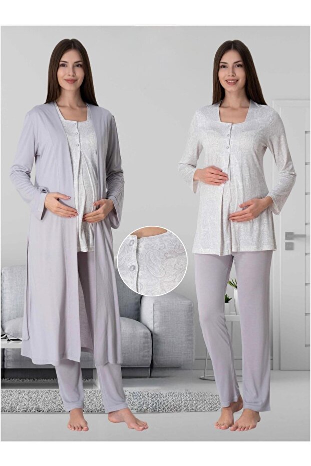 Women's Gray Patterned Long Sleeve Maternity Pajama Set 3-Piece Set