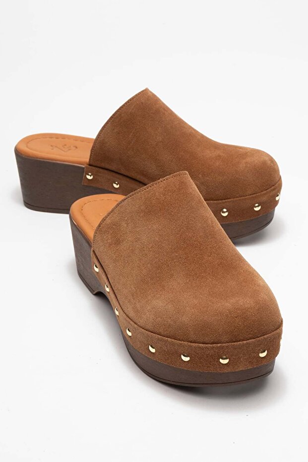 Serviola women's genuine leather clog sandals - tan suede
