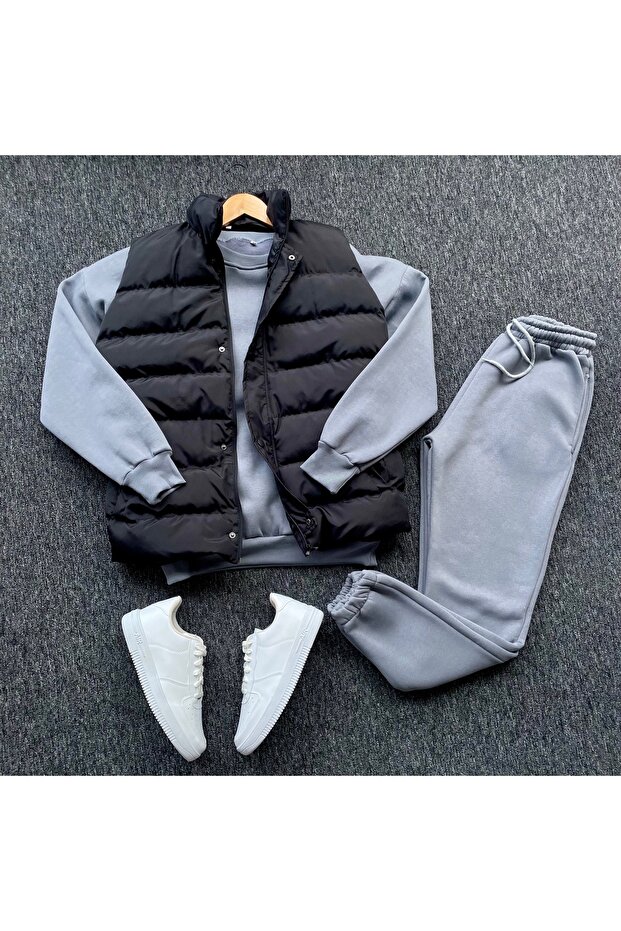 Puffer Vest and Oversized 3-Yarn Crew Neck Thick Fleece Bottom Top Set, 3-Piece Set