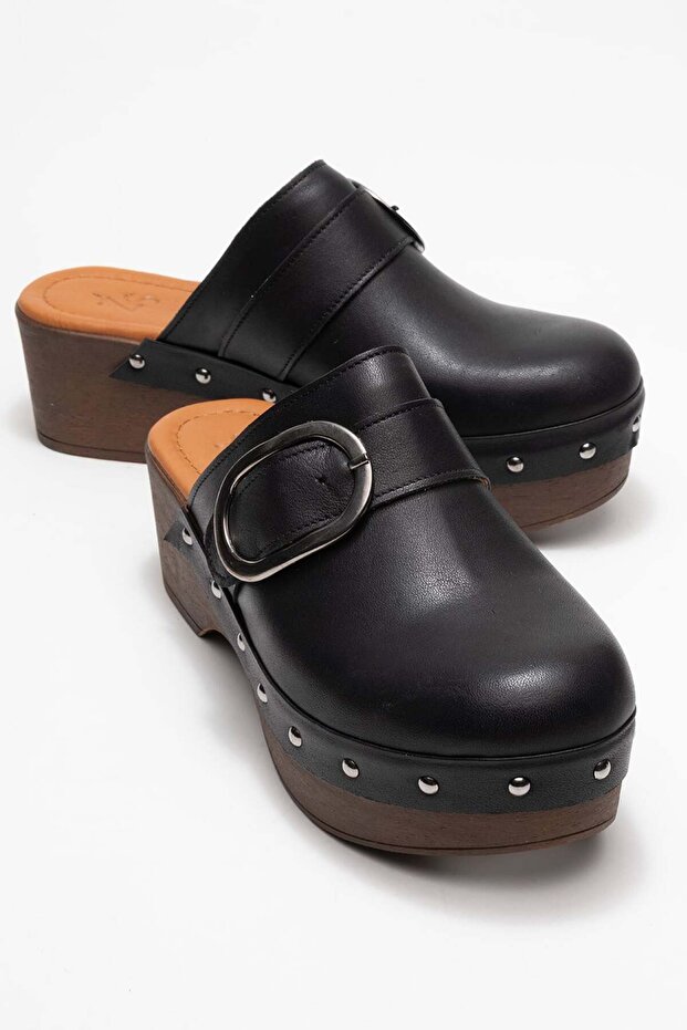 Sylive women's genuine leather clog slippers - black