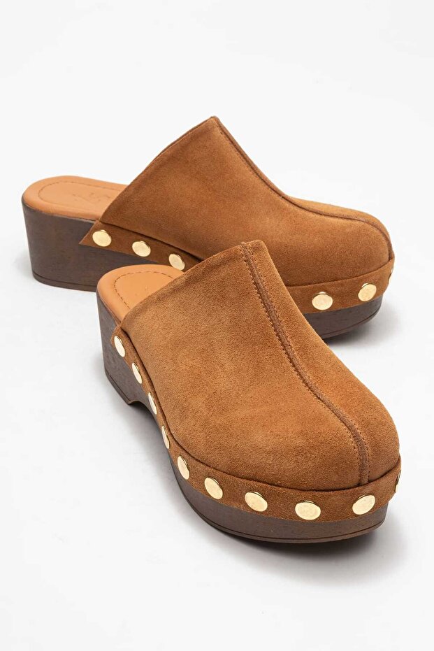 Sarine Women's Genuine Leather Clogs Sandals Tan Suede