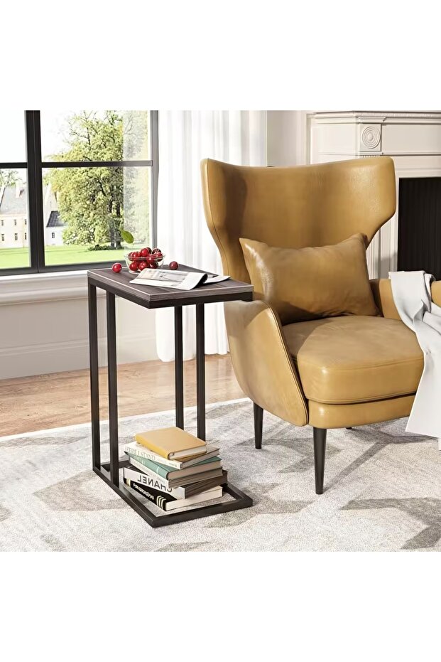C-shaped sofa side table, large tabletop C-shaped table, with wheels/basic model in brown - 5