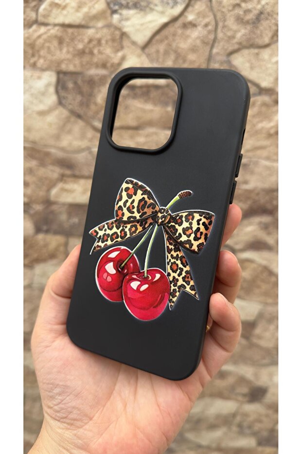 غطاء حماية مطاطي متوافق مع آيفون 16 برو ماكس بنمط الفهد وتصميم فيونكة الكرز، مصنوع من السيليكون الماص للصدمات - 3