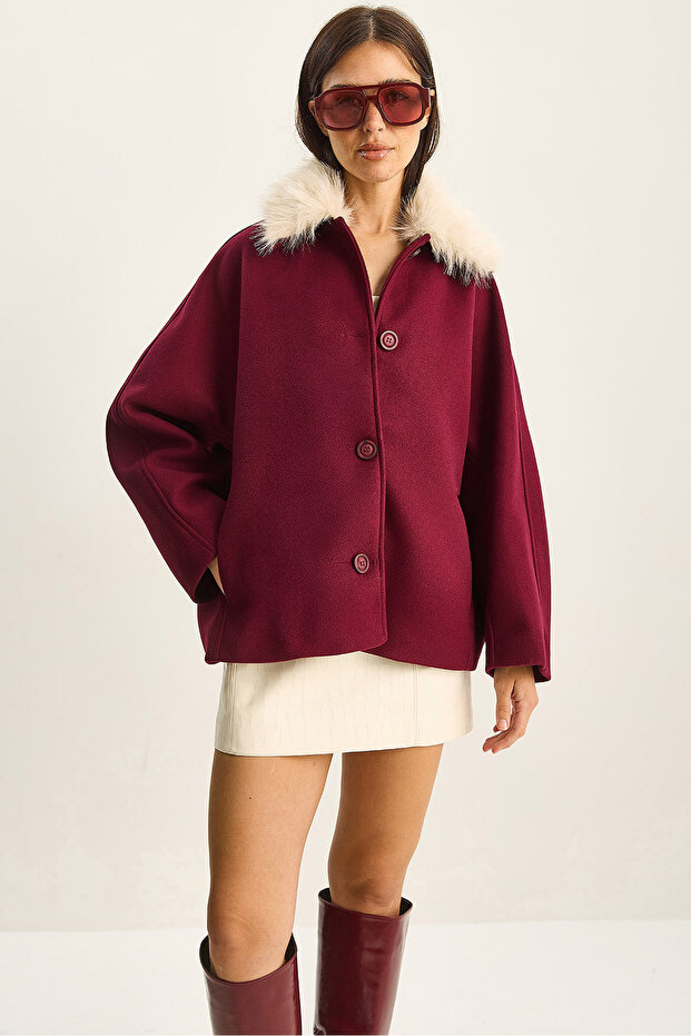 Women's Plum Portable Fur Collar Pocket Detailed Lined Cashmere Coat 9032 60283797