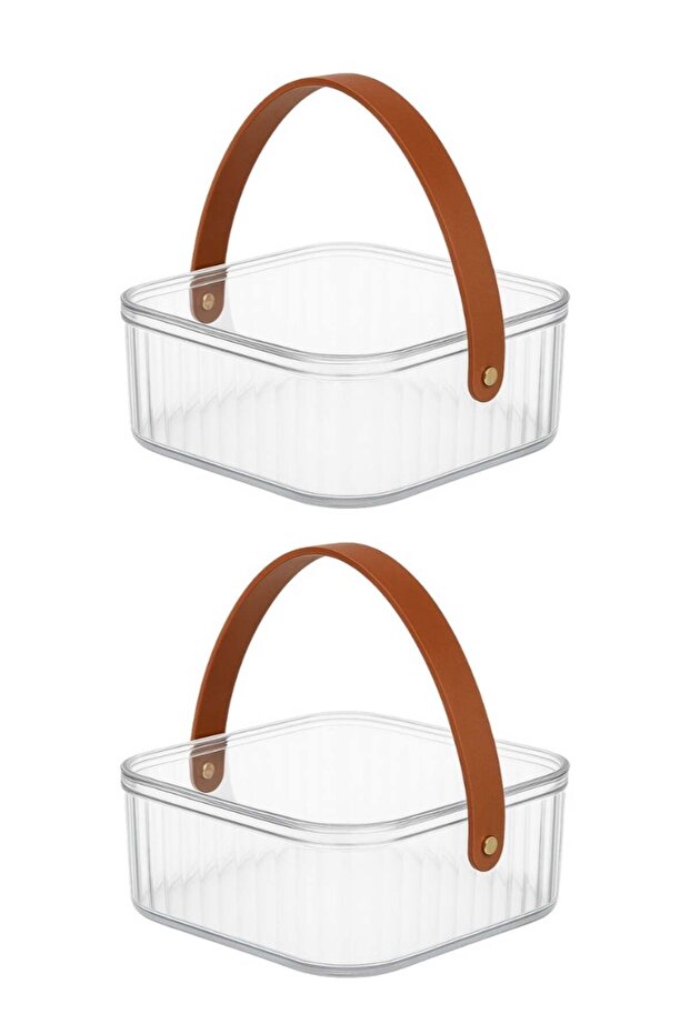 Set of 2 Acrylic Clear Plastic Storage Containers with Lid & Leather Handle, 20×20×8 cm