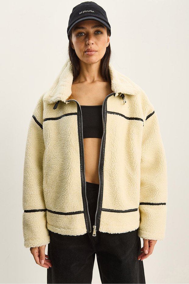 Women's Beige Faux Leather Piping Detailed Pocket Teddy Biker Jacket 2370 60281126