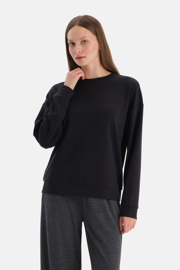 Siyah Basic Modal Sweatshirt - 1