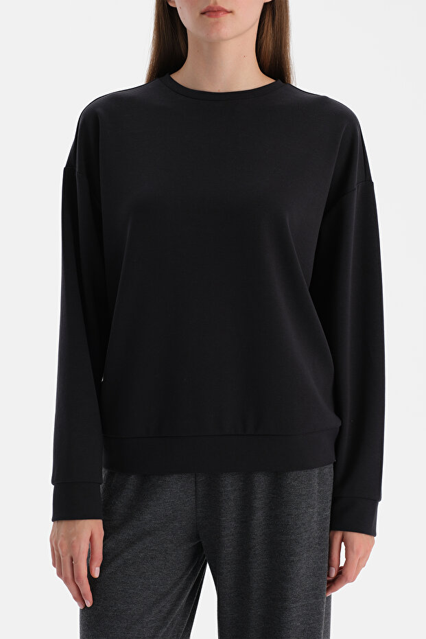 Siyah Basic Modal Sweatshirt - 5
