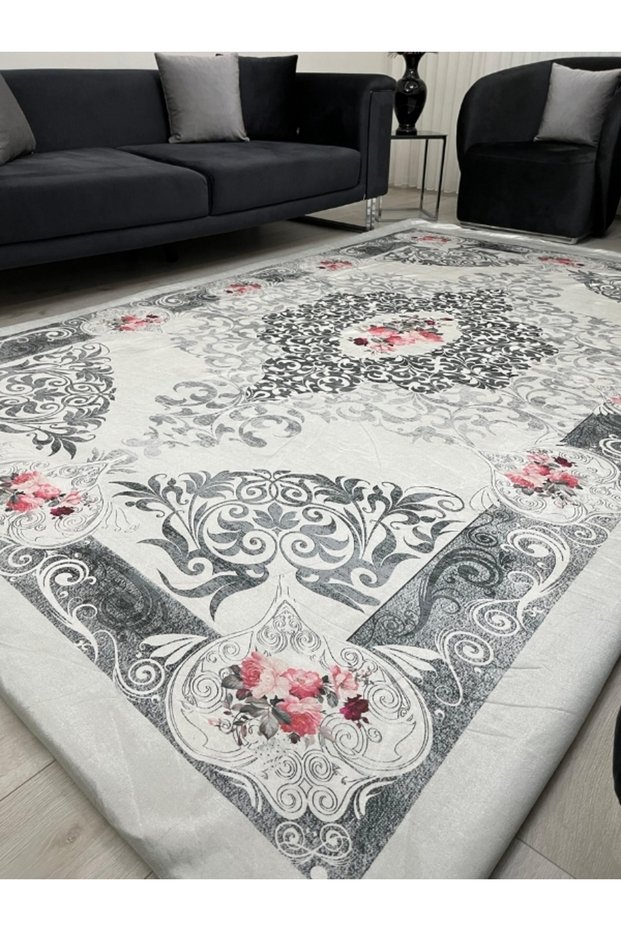 Elegant Baroque Pattern Rug Cover – Floral Motif, Stylish Living Room Model *Non-Slip Base, Washable*